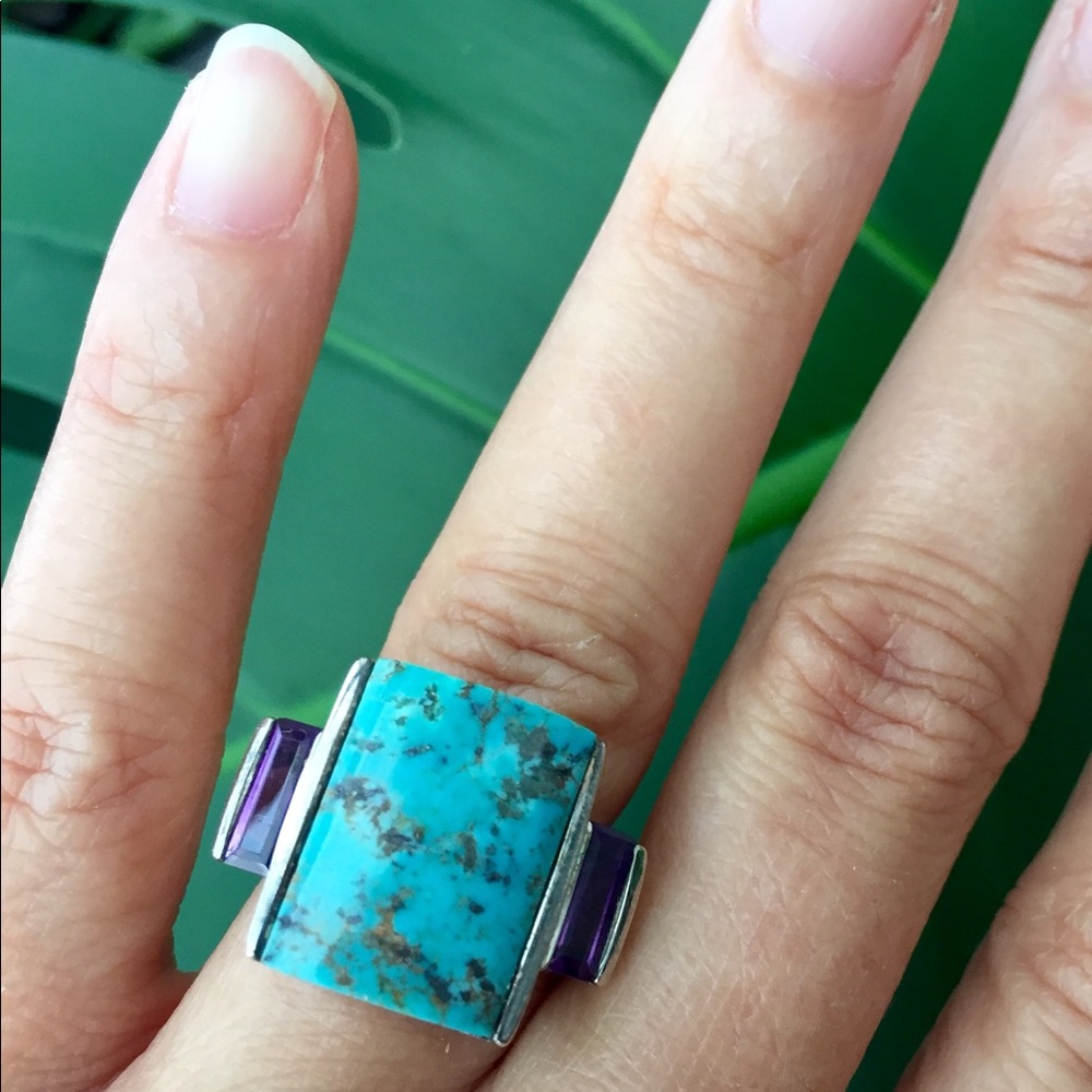 Sterling silver, turquoise and amethyst ring